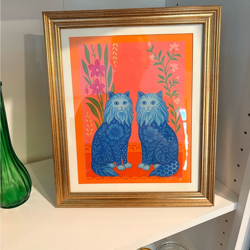 Framed Blue Cats Wall Art Print on Orange Background